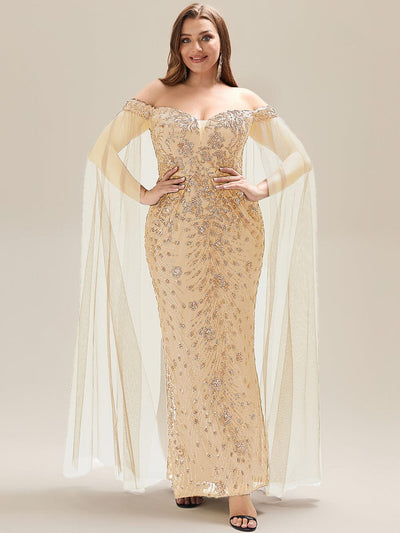 Flowing Ribbons Sequin Sleeveless Evening Dress #color_Gold