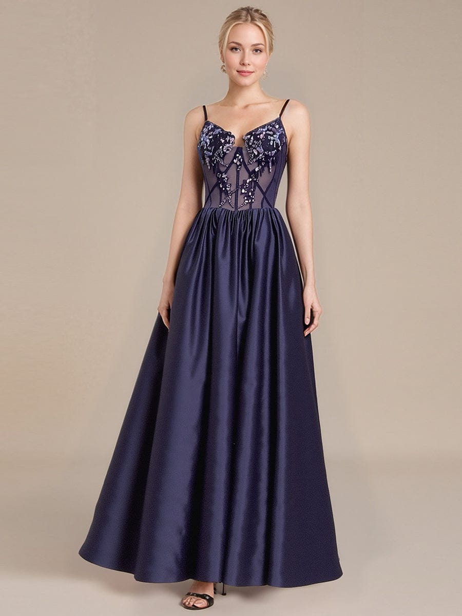 See-Through Satin Sleeveless Formal Dress #color_Navy Blue