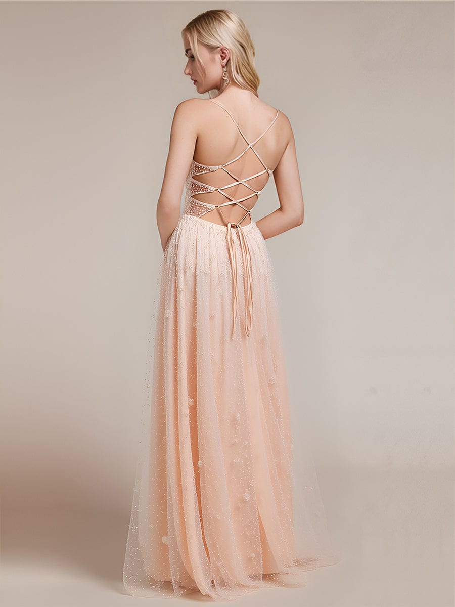 Lace-Up Sequin Sleeveless Formal Dress #color_Blush