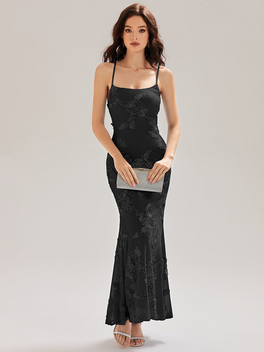 Lace-Up Mesh Mermaid Floral Dress #color_Black
