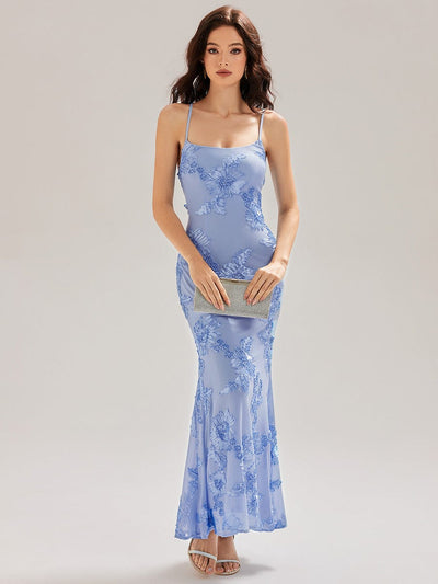 Lace-Up Mesh Mermaid Floral Dress #color_Ice Blue