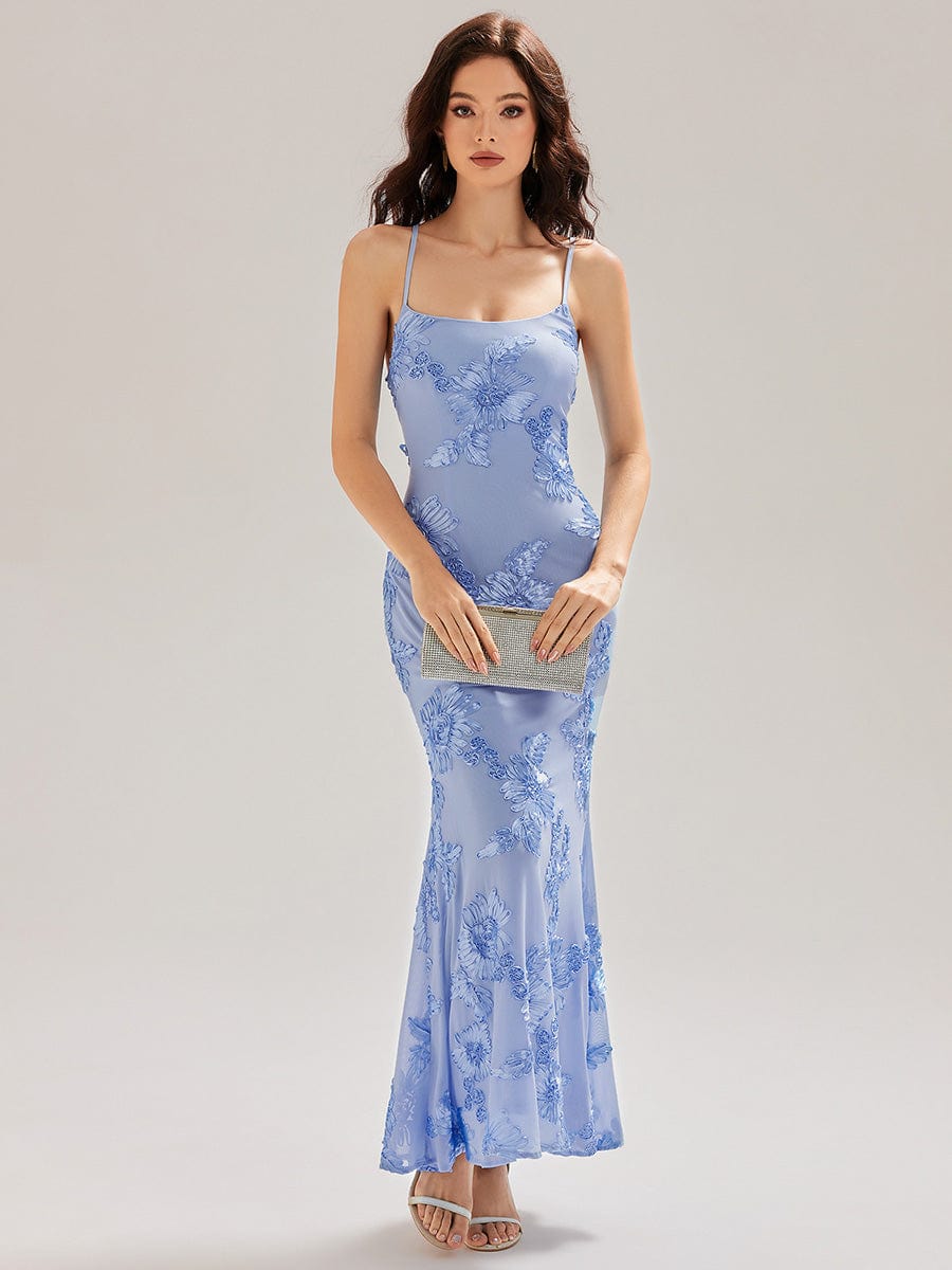 Lace-Up Mesh Mermaid Floral Dress #color_Ice Blue
