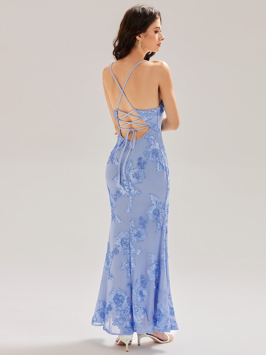 Lace-Up Mesh Mermaid Floral Dress #color_Ice Blue