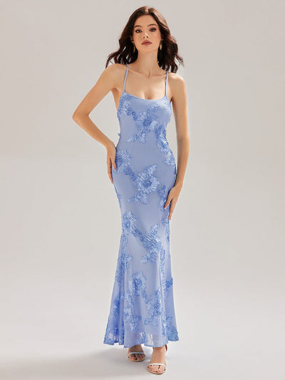 Lace-Up Mesh Mermaid Floral Dress #color_Ice Blue