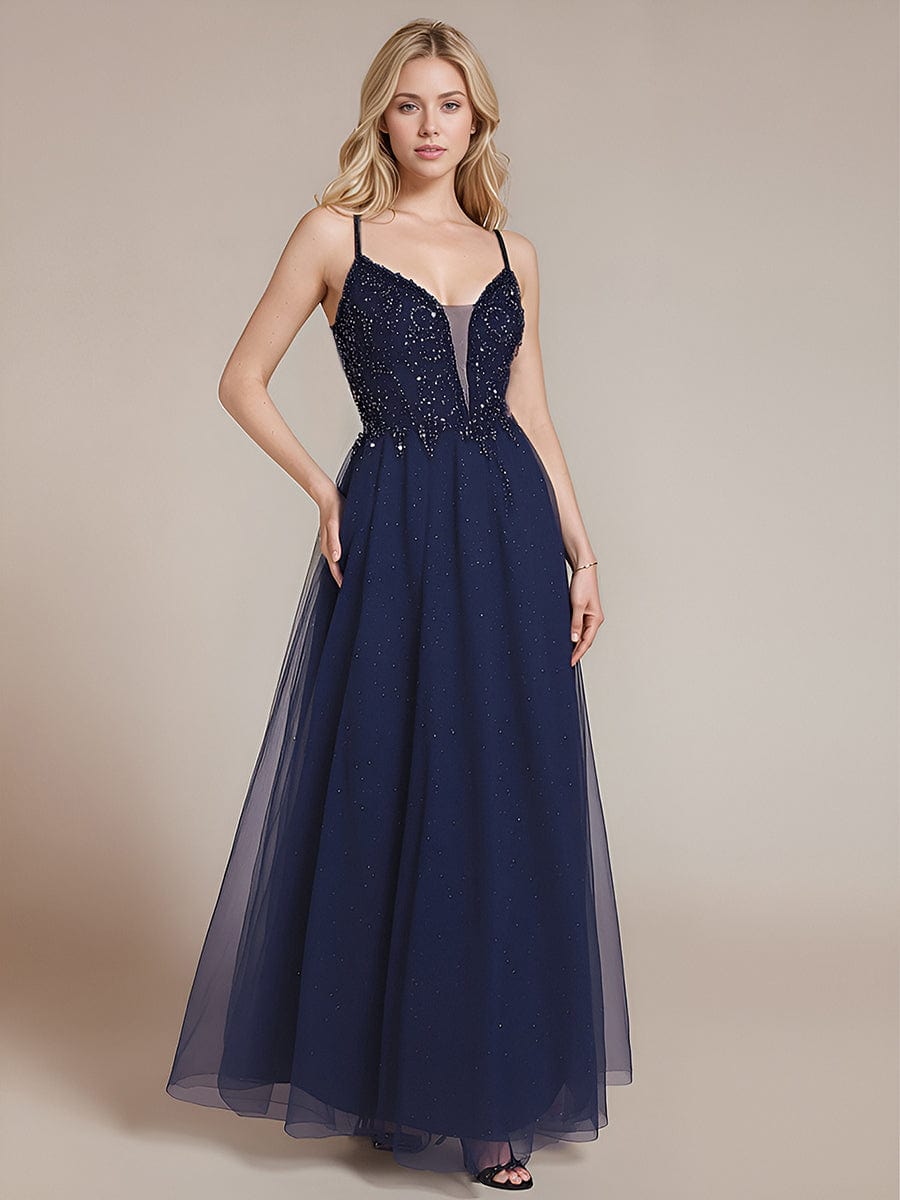 Lace-Up Mesh Sequin Formal Dress #color_Navy Blue