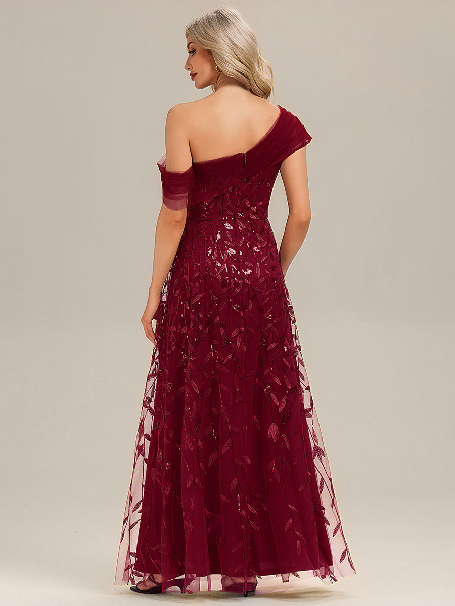 Patchwork Sequin A-Line Evening Dress #color_Burgundy
