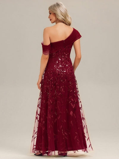 Patchwork Sequin A-Line Evening Dress #color_Burgundy