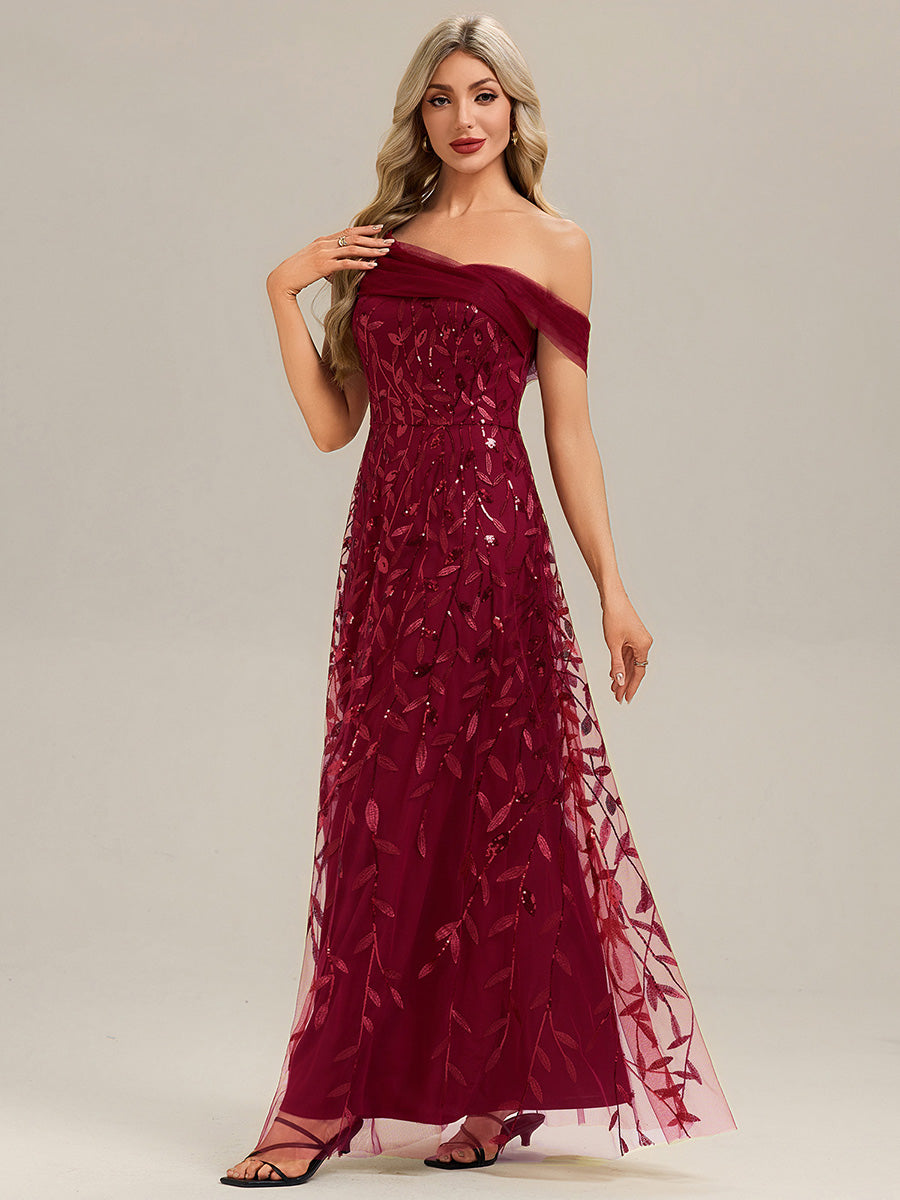 Patchwork Sequin A-Line Evening Dress #color_Burgundy