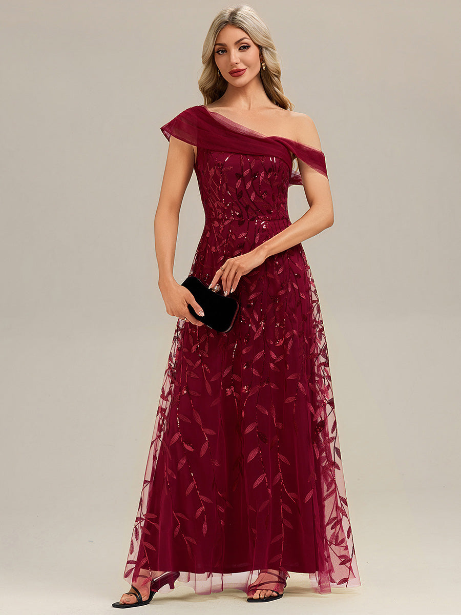 Patchwork Sequin A-Line Evening Dress #color_Burgundy