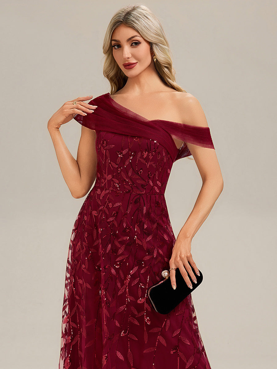 Patchwork Sequin A-Line Evening Dress #color_Burgundy