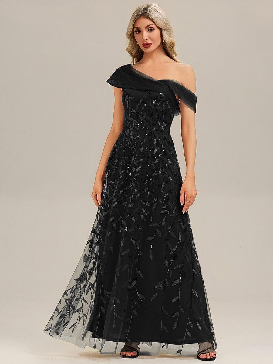 Patchwork Sequin A-Line Evening Dress #color_Black
