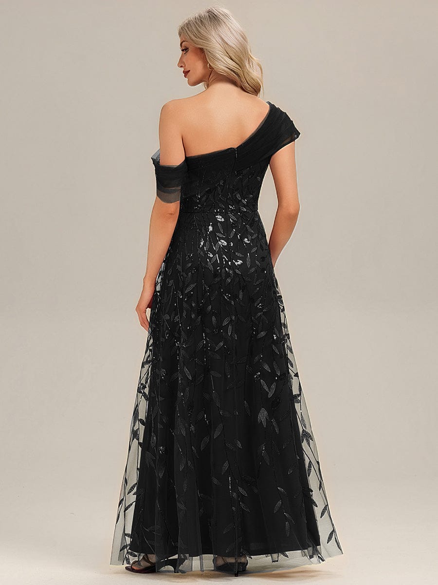 Patchwork Sequin A-Line Evening Dress #color_Black