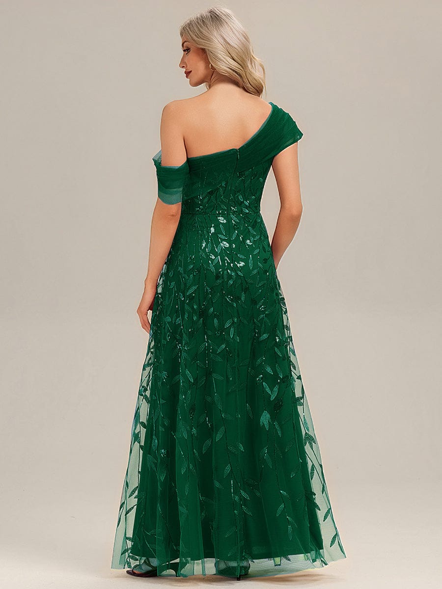 Patchwork Sequin A-Line Evening Dress #color_Dark Green