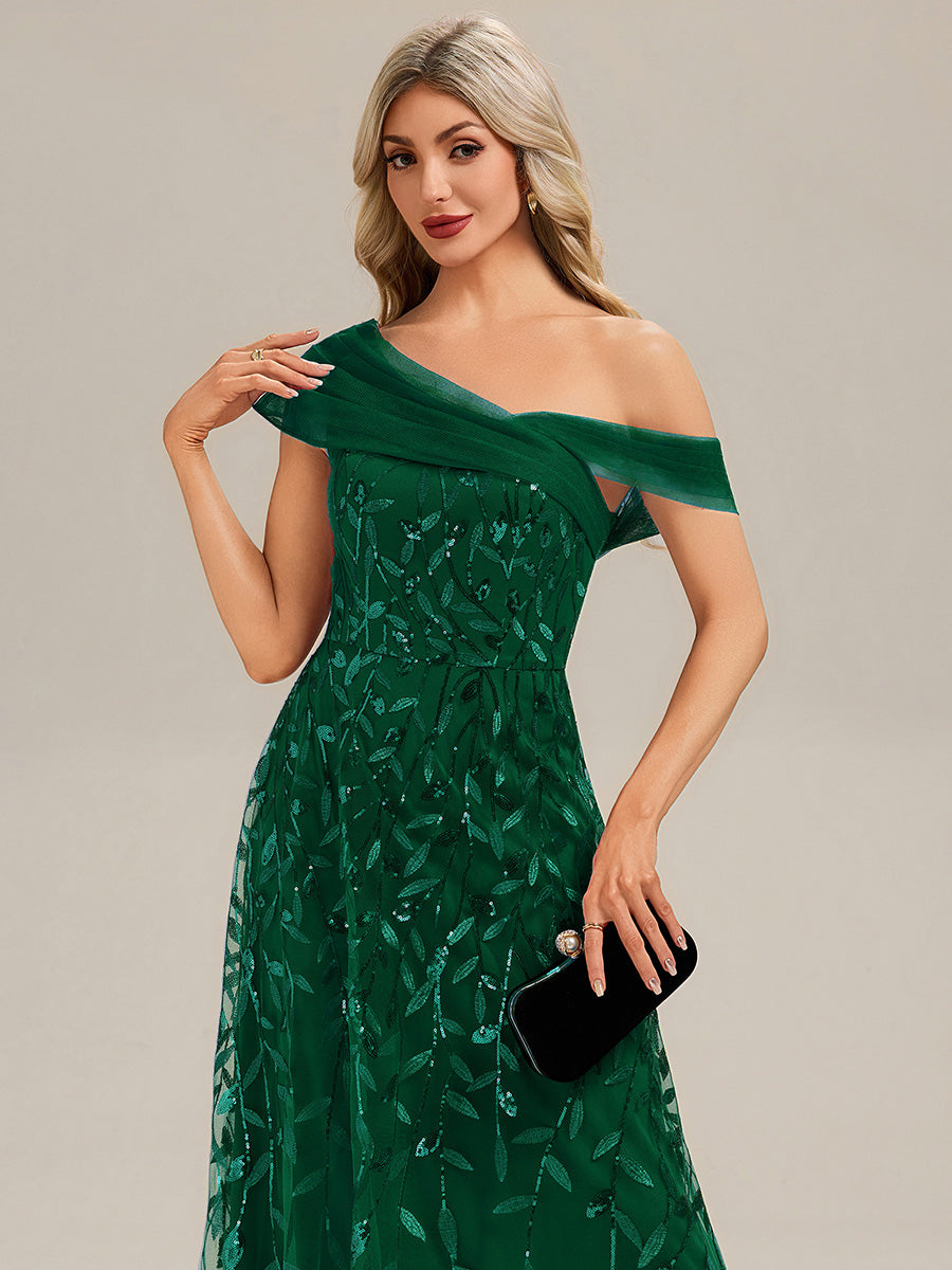 Patchwork Sequin A-Line Evening Dress #color_Dark Green