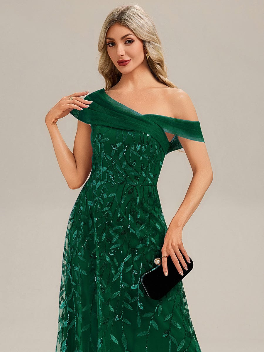 Patchwork Sequin A-Line Evening Dress #color_Dark Green