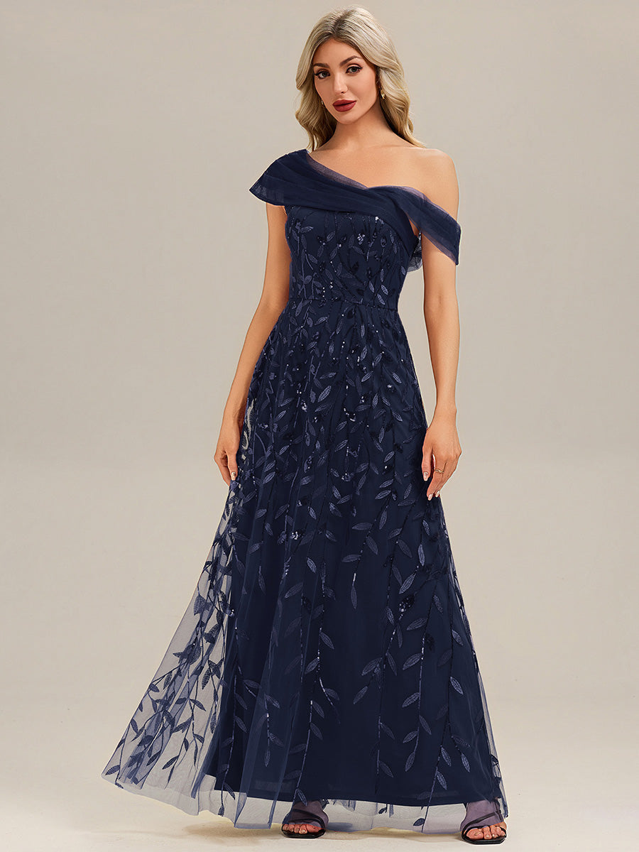 Patchwork Sequin A-Line Evening Dress #color_Navy Blue