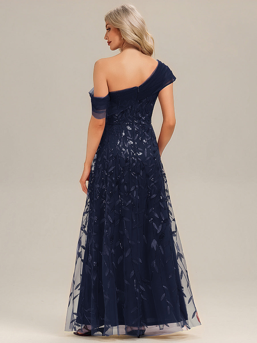 Patchwork Sequin A-Line Evening Dress #color_Navy Blue