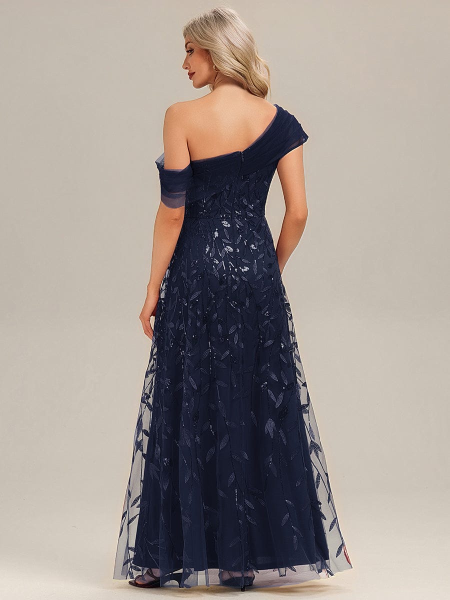 Patchwork Sequin A-Line Evening Dress #color_Navy Blue