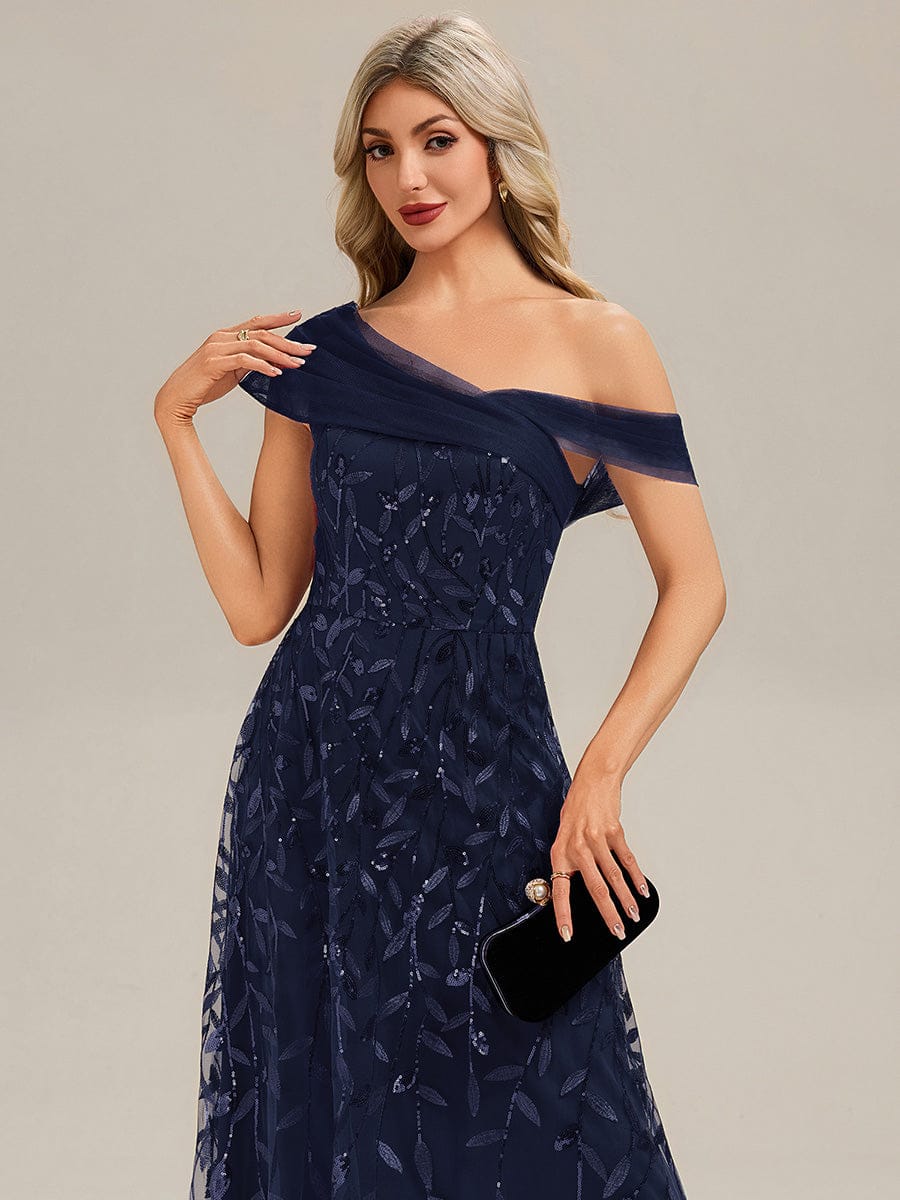Patchwork Sequin A-Line Evening Dress #color_Navy Blue