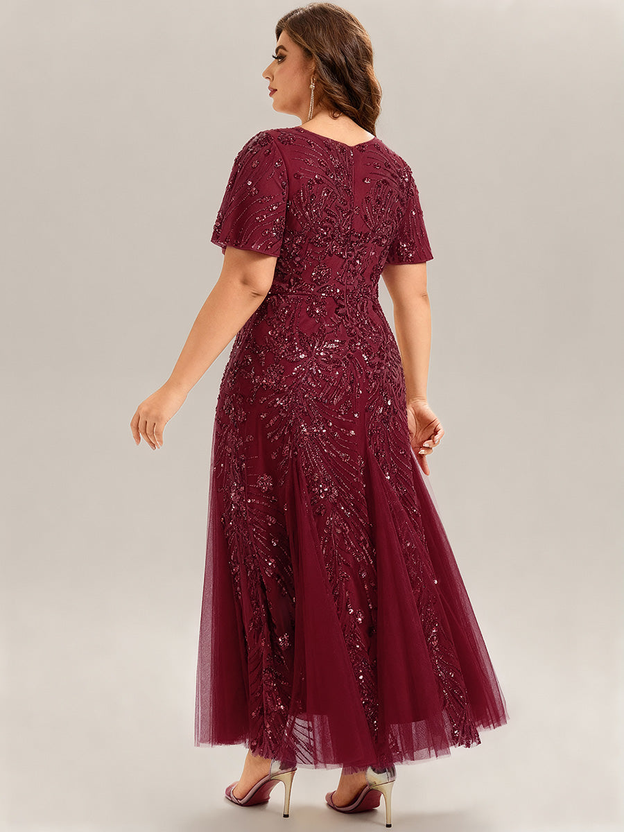 Embroidered Sequin Ruffle Sleeve Evening Dress #color_Burgundy