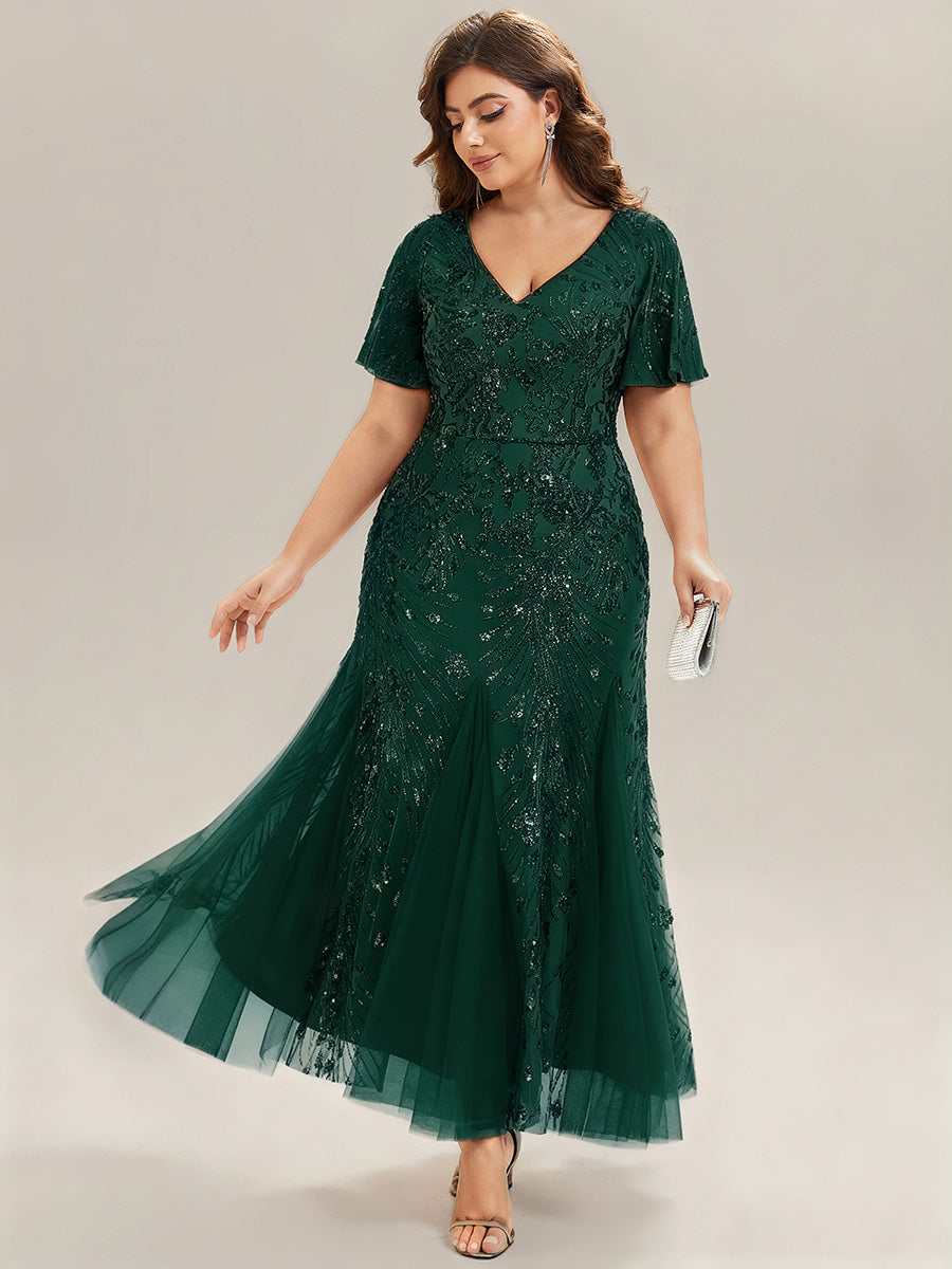 Embroidered Sequin Ruffle Sleeve Evening Dress #color_Dark Green