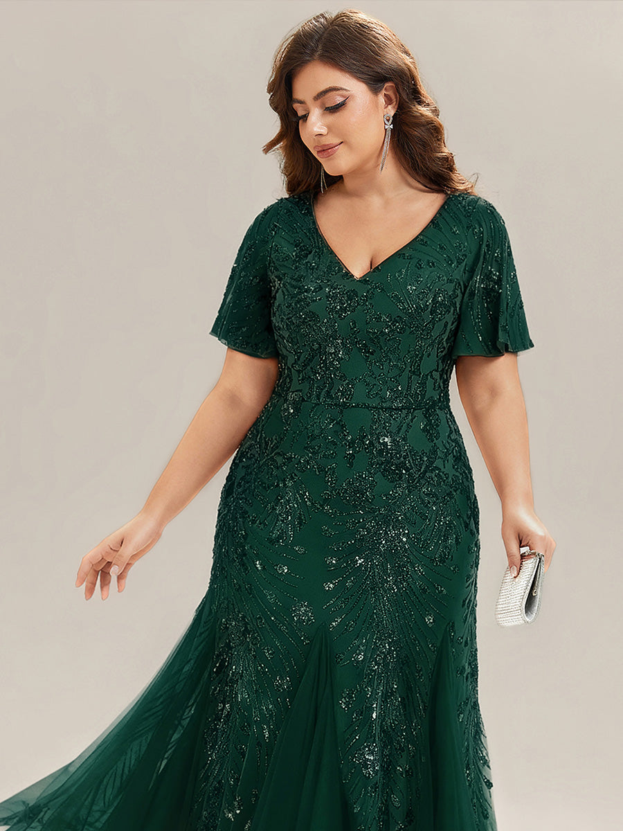 Embroidered Sequin Ruffle Sleeve Evening Dress #color_Dark Green