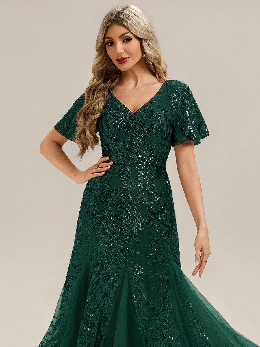 Embroidered Sequin Ruffle Sleeve Evening Dress #color_Dark Green