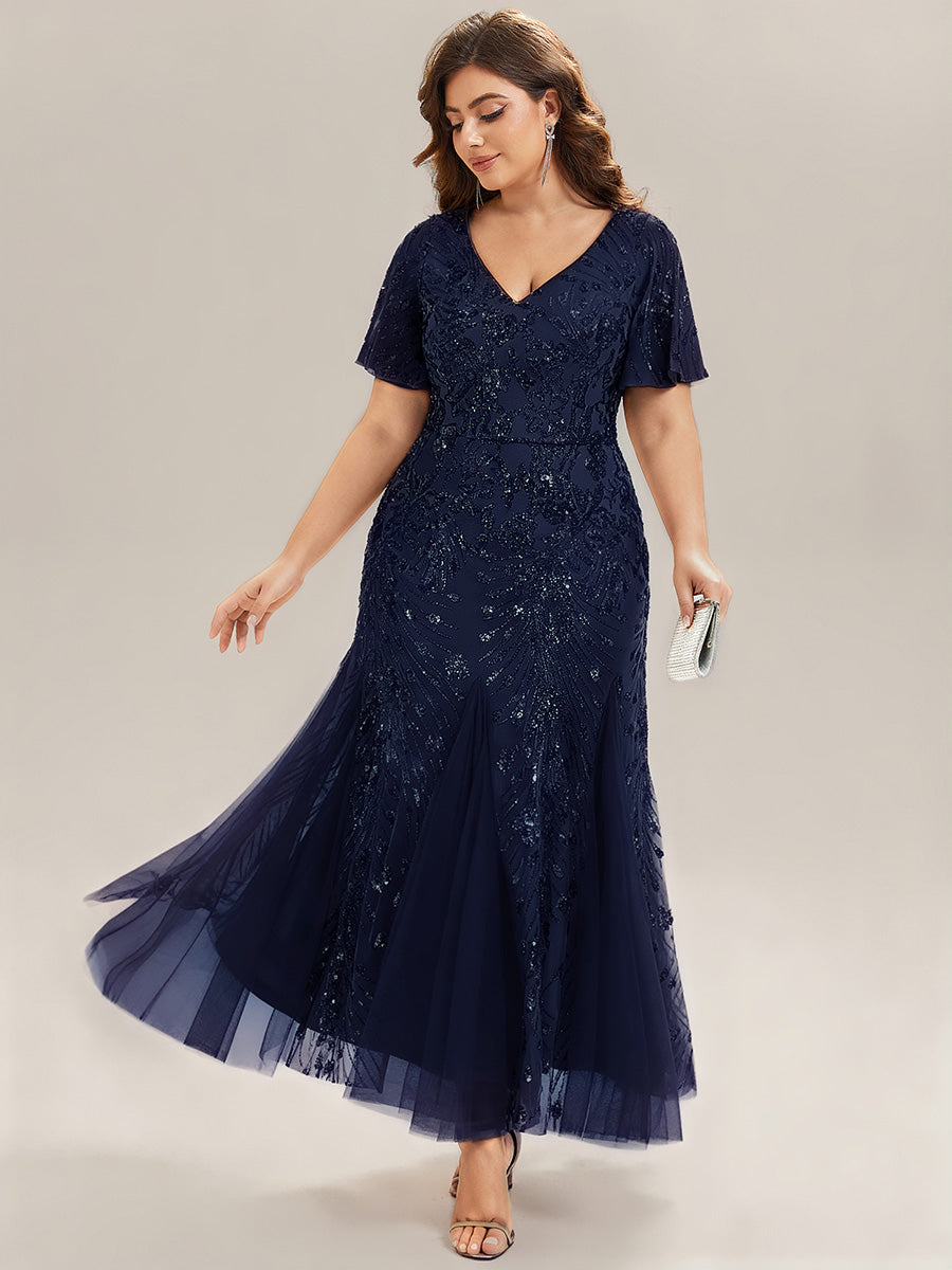 Embroidered Sequin Ruffle Sleeve Evening Dress #color_Navy Blue