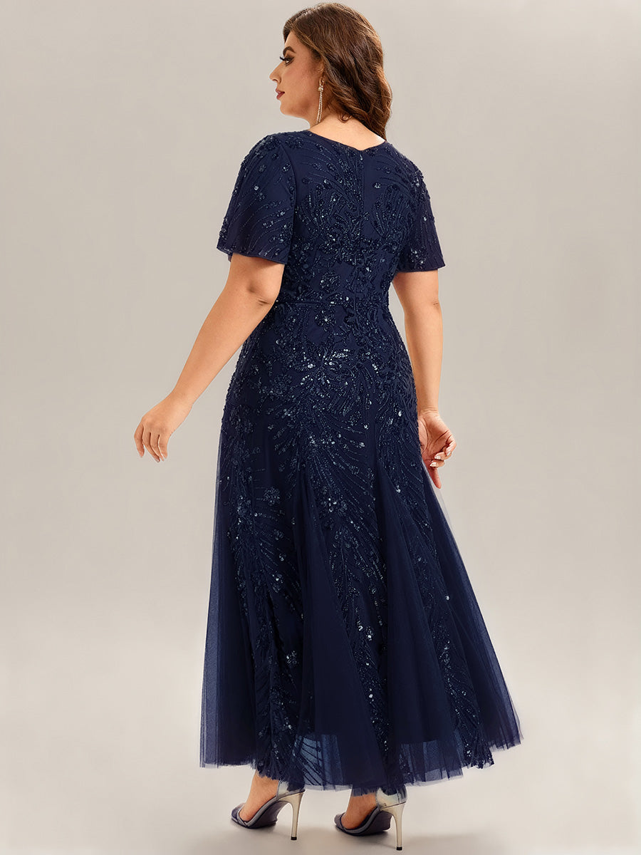 Embroidered Sequin Ruffle Sleeve Evening Dress #color_Navy Blue