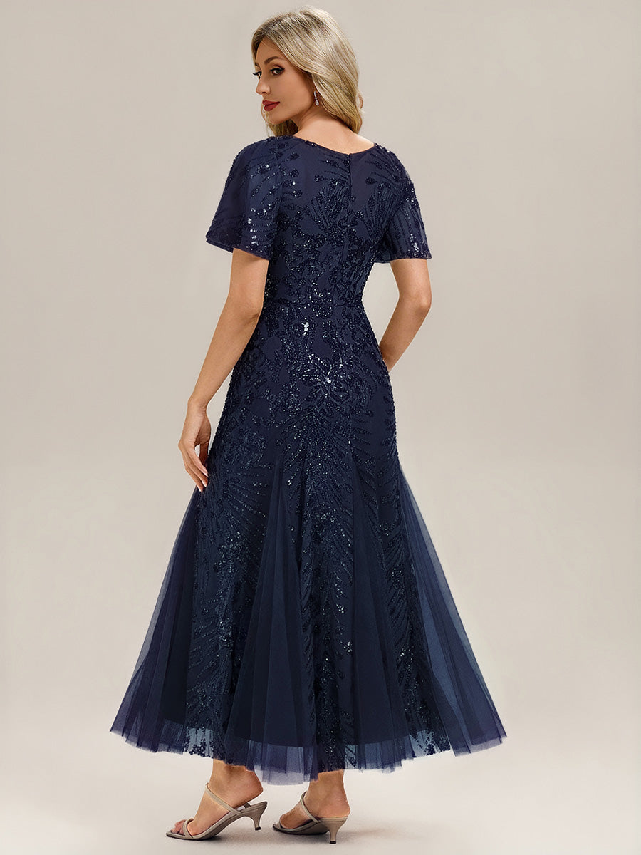 Embroidered Sequin Ruffle Sleeve Evening Dress #color_Navy Blue