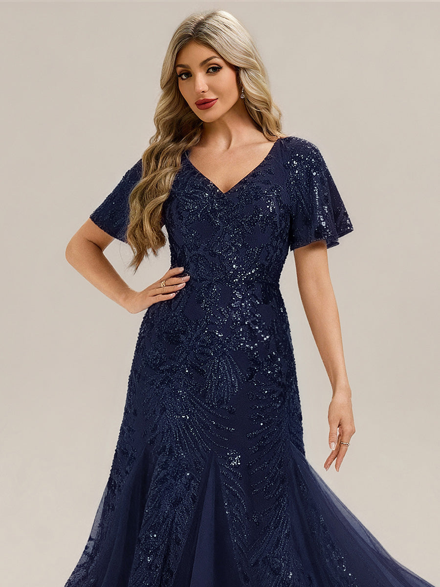 Embroidered Sequin Ruffle Sleeve Evening Dress #color_Navy Blue