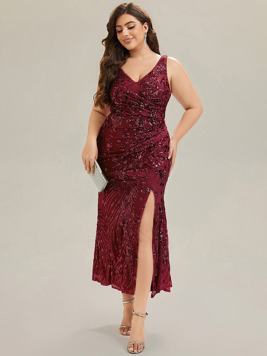 Knotted Sequin Sleeveless Bodycon Evening Dress #color_Burgundy