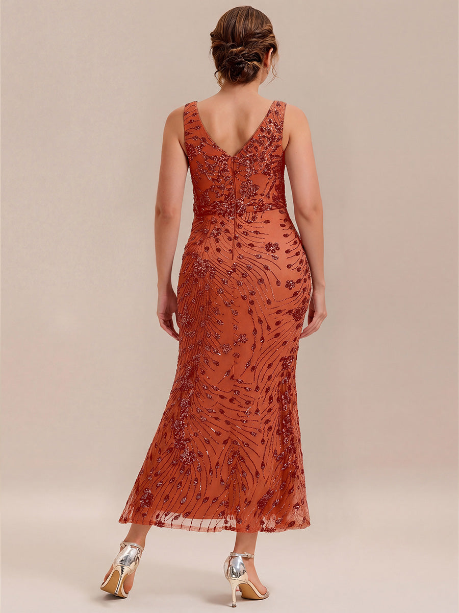 Bodycon Sequin Slit Wedding Guest Dress #color_Burnt Orange