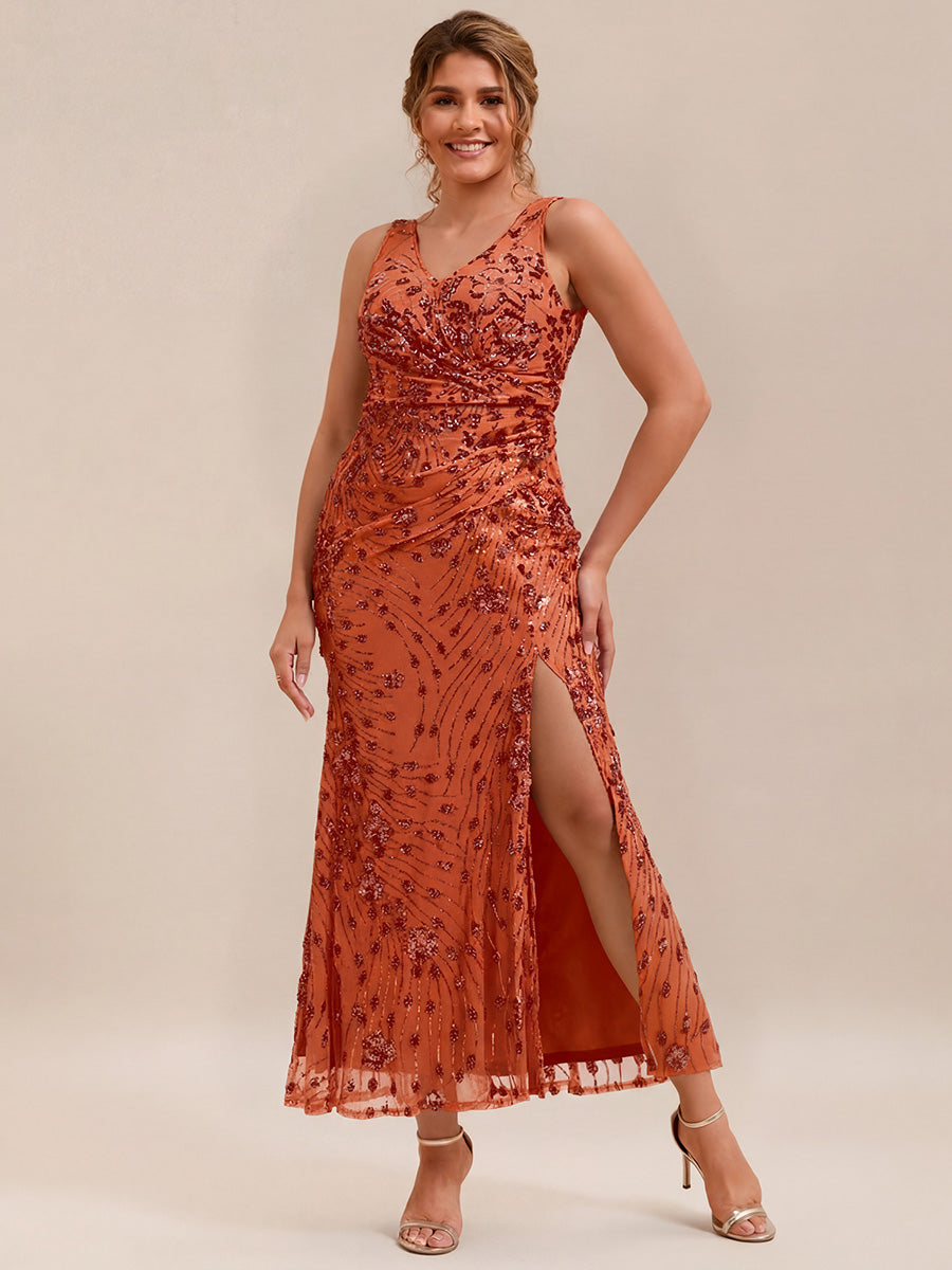 Plus Size Bodycon Sequin Slit Wedding Guest Dress #color_Burnt Orange