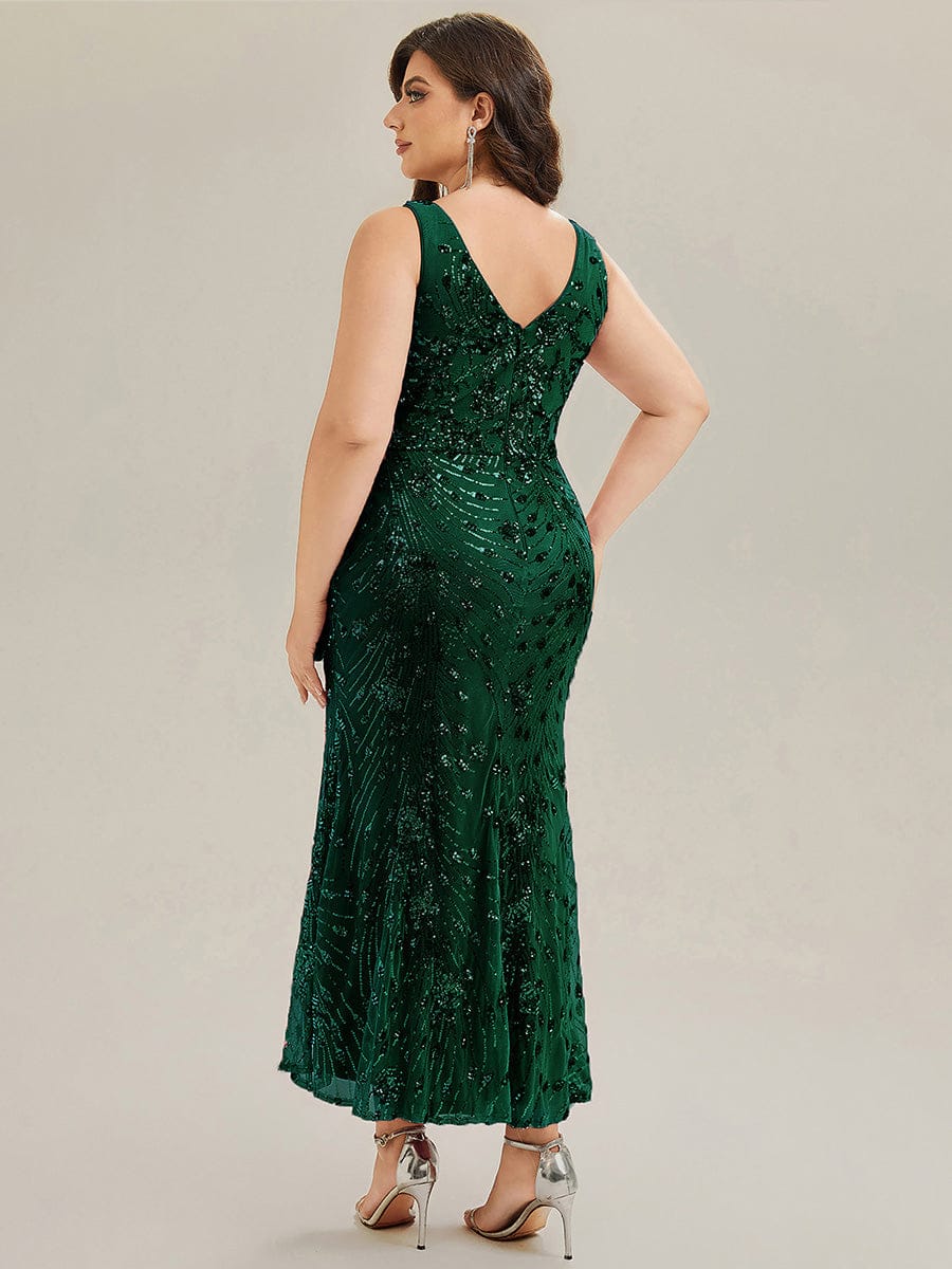 Plus Size Bodycon Sequin Slit Wedding Guest Dress #color_Dark Green