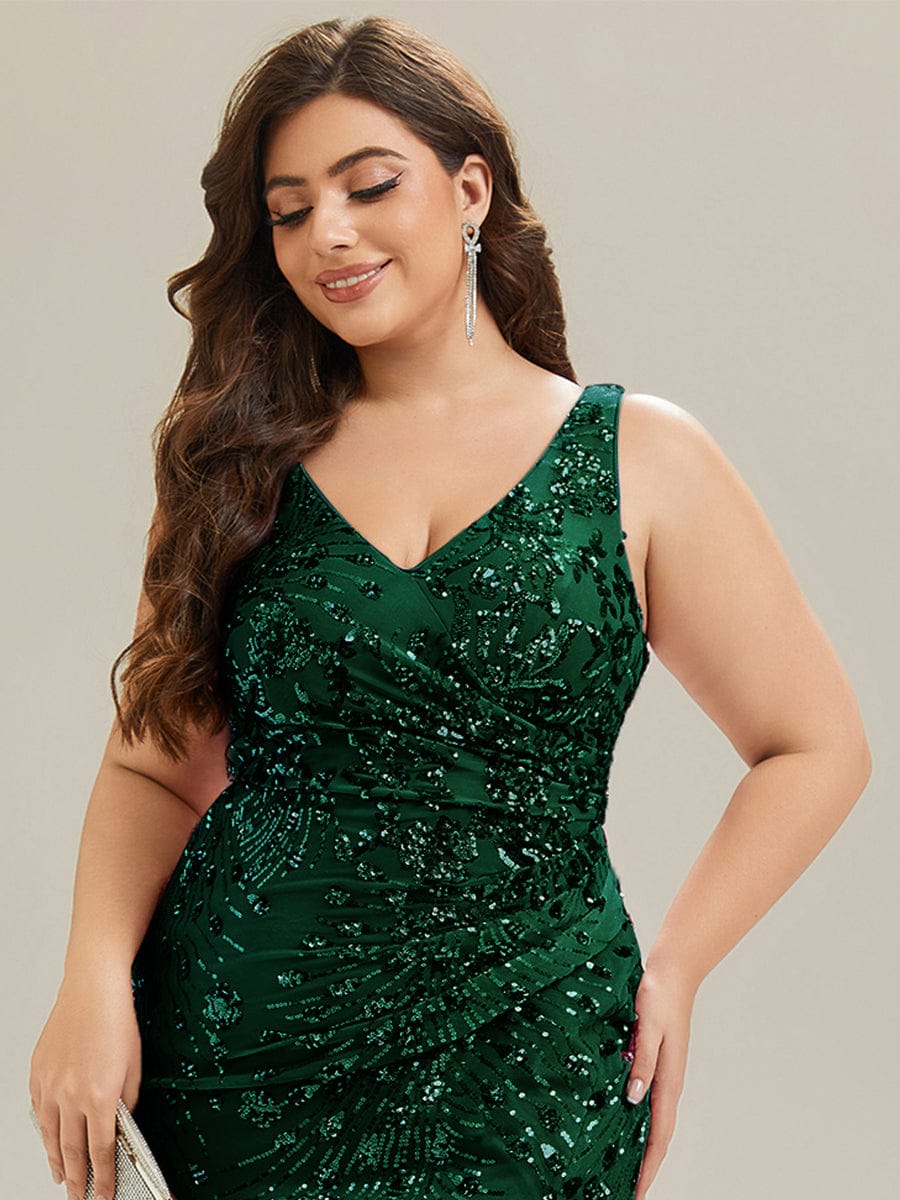 Plus Size Bodycon Sequin Slit Wedding Guest Dress #color_Dark Green