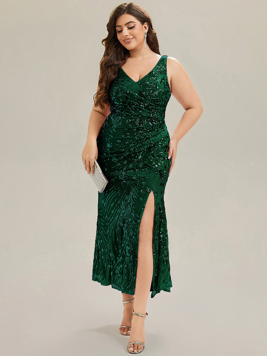 Knotted Sequin Sleeveless Bodycon Evening Dress #color_Dark Green