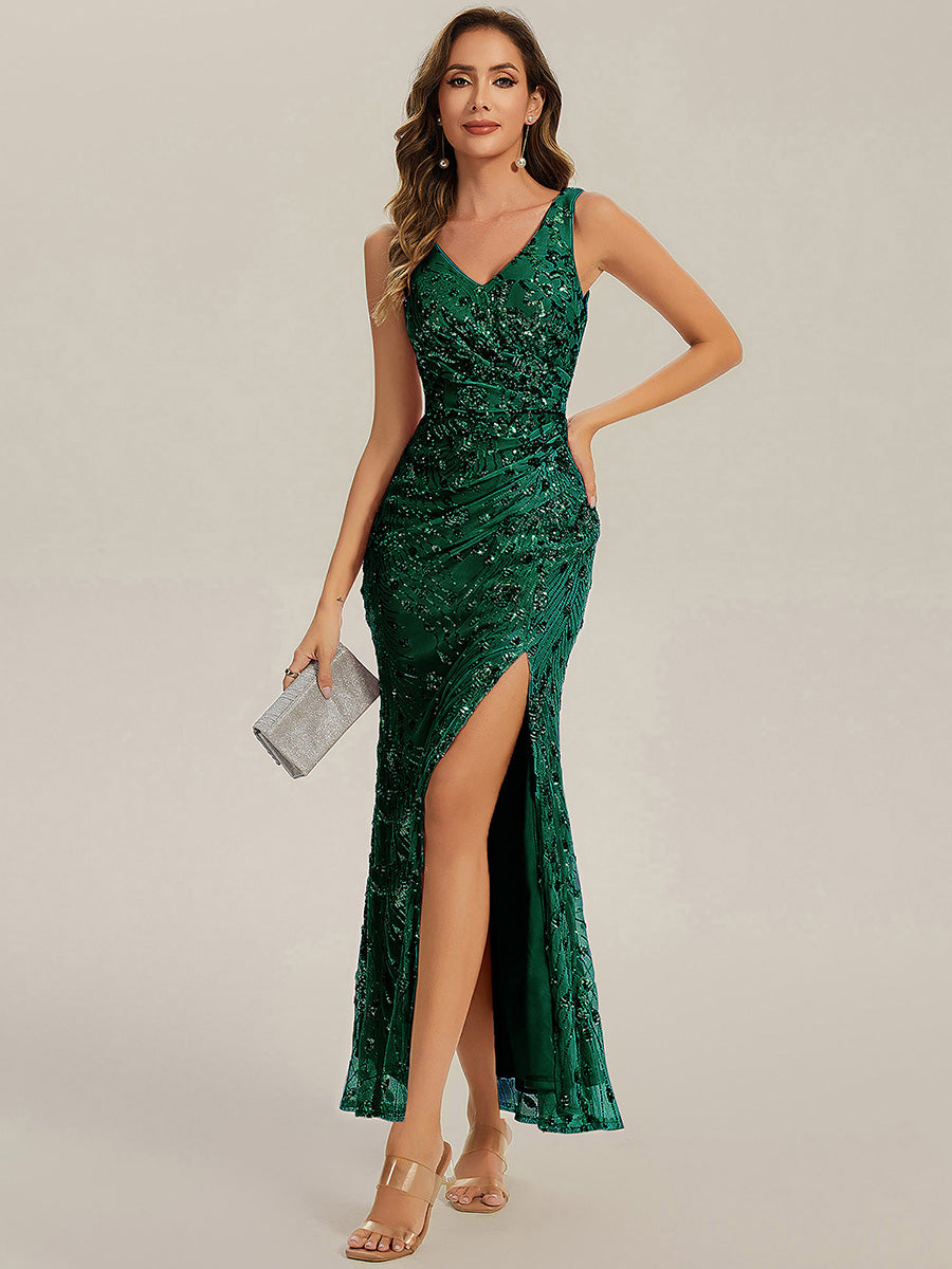 Knotted Sequin Sleeveless Bodycon Evening Dress #color_Dark Green