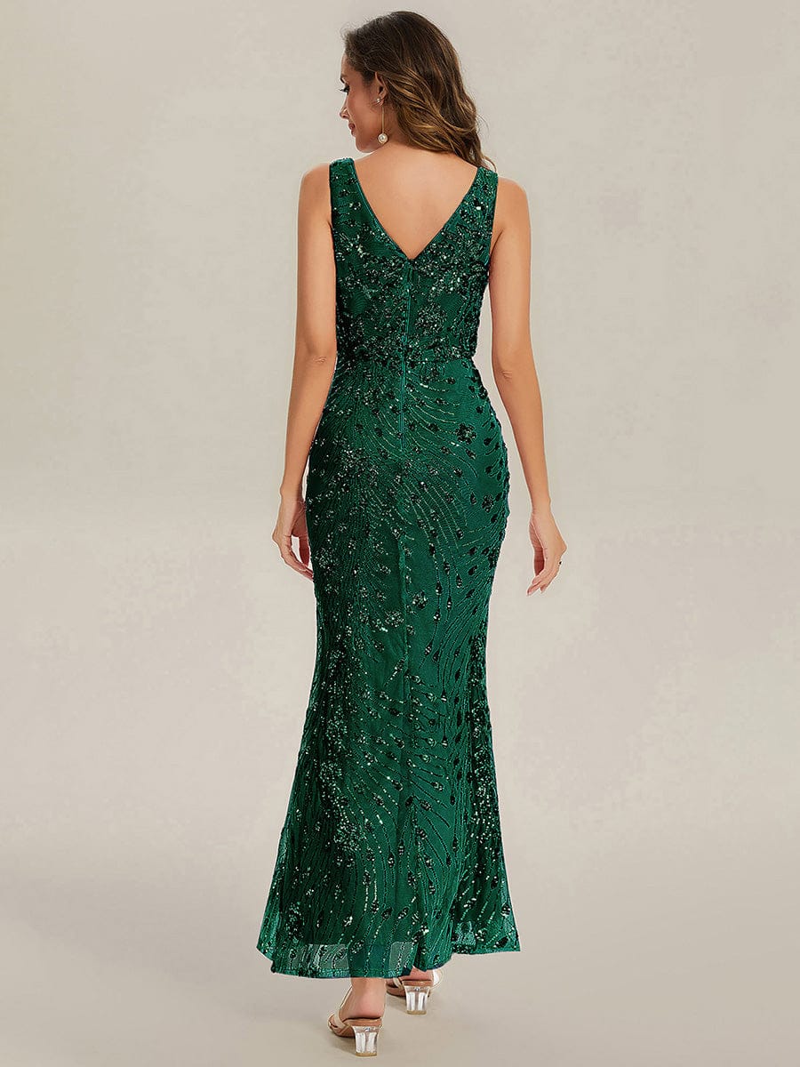 Knotted Sequin Sleeveless Bodycon Evening Dress #color_Dark Green