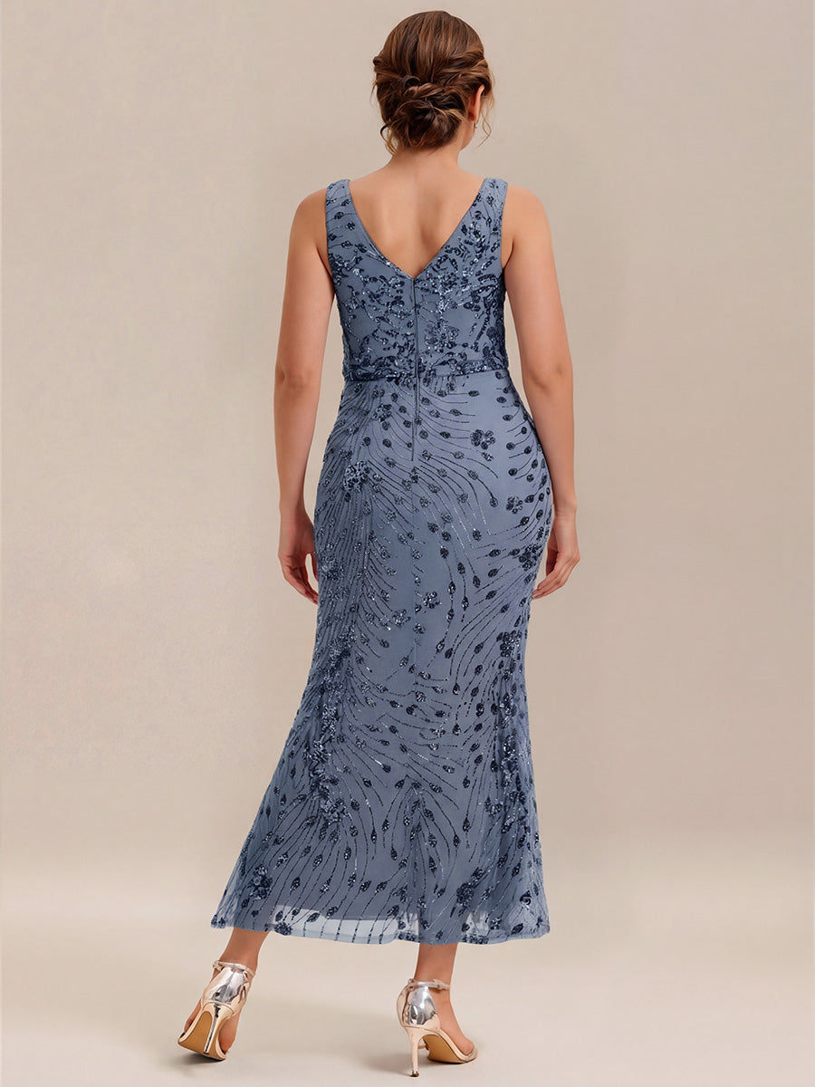 Plus Size Knotted Sequin Evening Dress #color_Dusty Blue