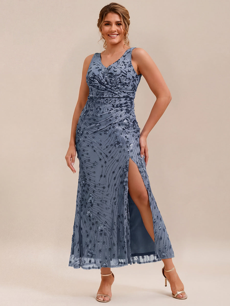 Plus Size Bodycon Sequin Slit Wedding Guest Dress #color_Dusty Blue