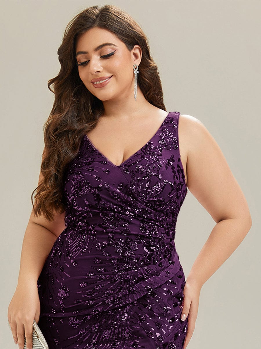 Plus Size Bodycon Sequin Slit Wedding Guest Dress #color_Dark Purple