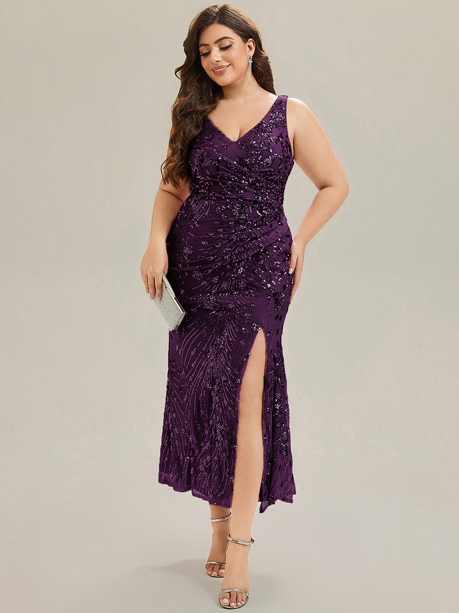 Plus Size Knotted Sequin Evening Dress #color_Dark Purple
