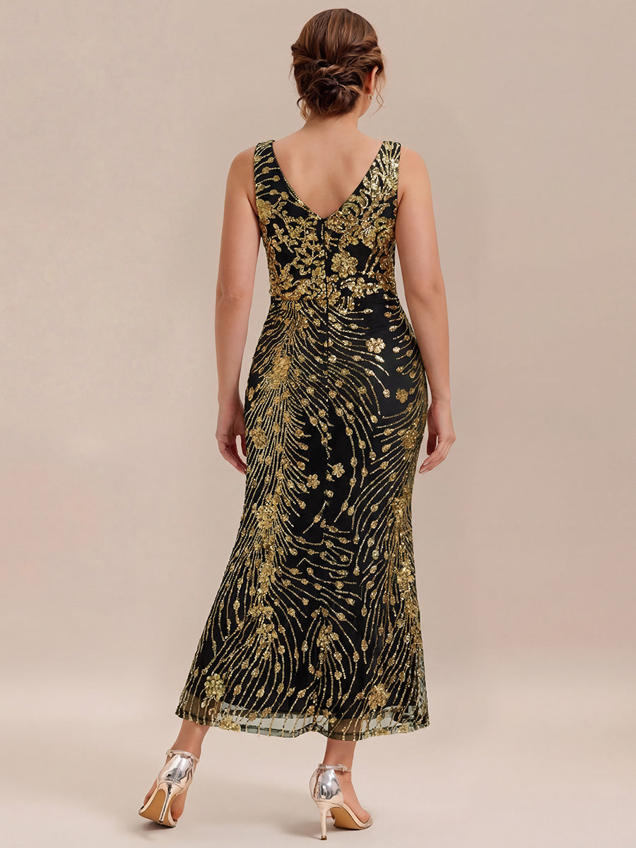 Plus Size Knotted Sequin Evening Dress #color_Black & Gold