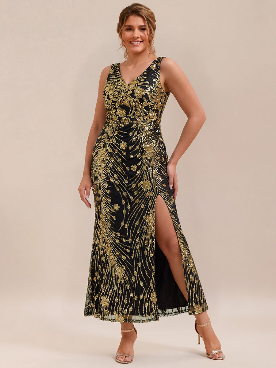 Plus Size Knotted Sequin Evening Dress #color_Black & Gold