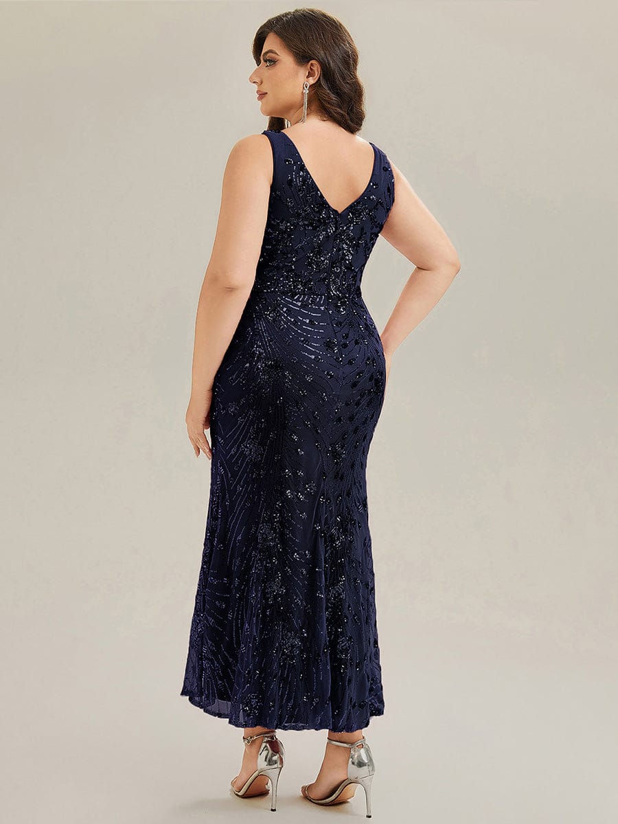 Plus Size Knotted Sequin Evening Dress #color_Navy Blue