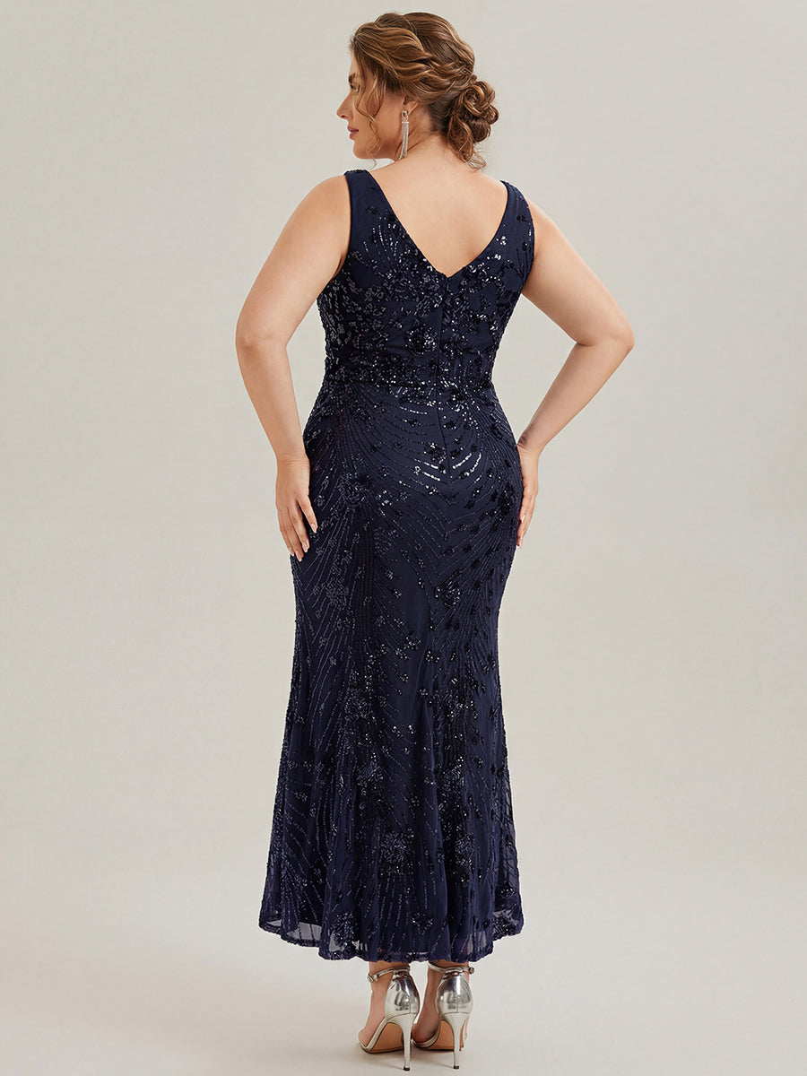Plus Size Knotted Sequin Evening Dress #color_Navy Blue