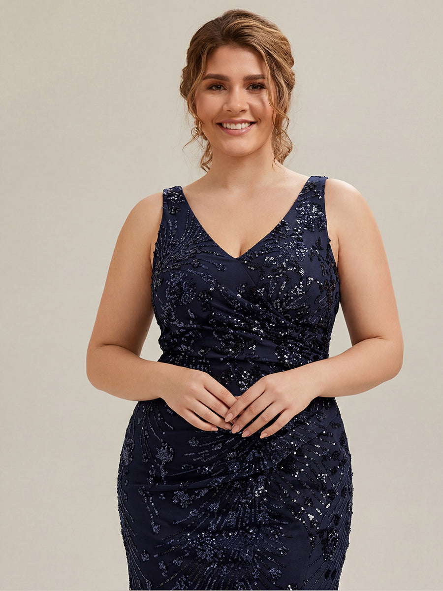 Plus Size Knotted Sequin Evening Dress #color_Navy Blue