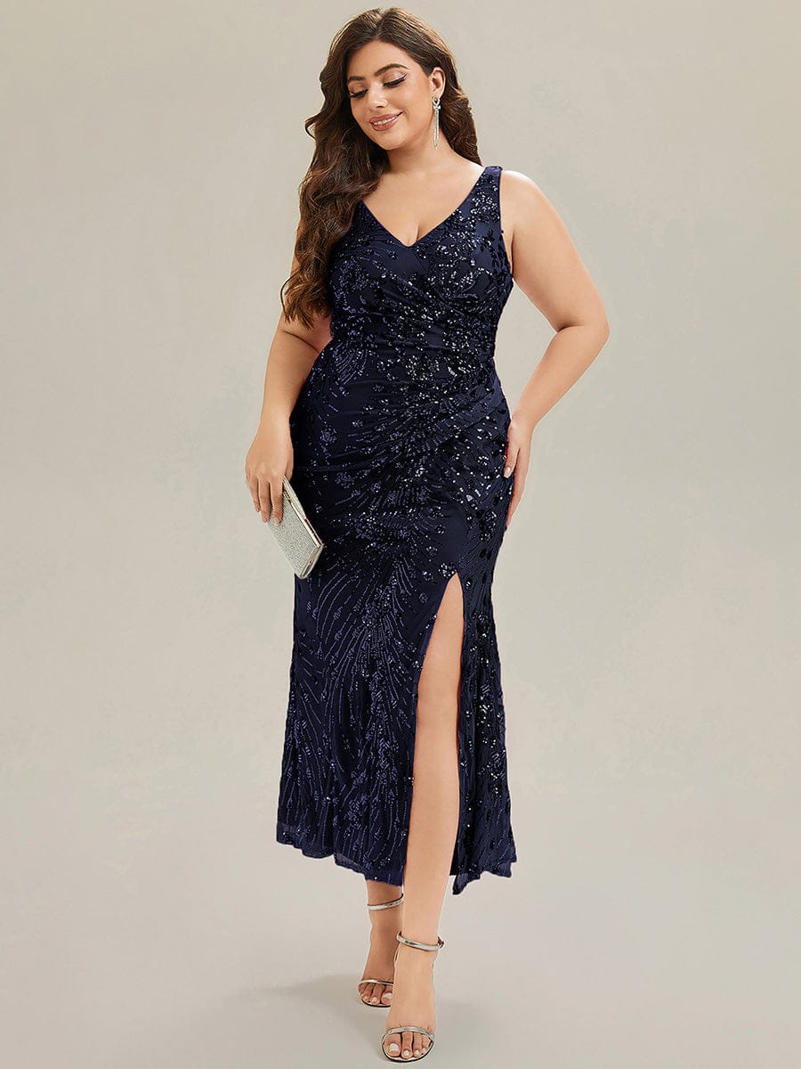 Plus Size Knotted Sequin Evening Dress #color_Navy Blue
