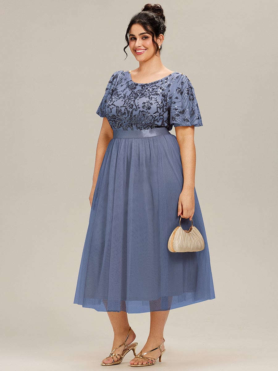 Round Neck Sequin Ruffle Sleeve Dress #color_Dusty Blue